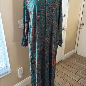 Chic Long Sleeve Floral Dress in Green and Orange
